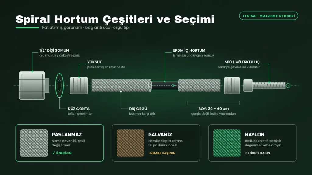 Spiral hortum çeşitlerini anlatan somun, conta, yüksük, örgü ve EPDM iç hortumu gösteren patlatılmış teknik çizim