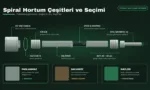 Spiral hortum çeşitlerini anlatan somun, conta, yüksük, örgü ve EPDM iç hortumu gösteren patlatılmış teknik çizim