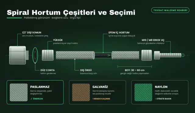 Spiral hortum çeşitlerini anlatan somun, conta, yüksük, örgü ve EPDM iç hortumu gösteren patlatılmış teknik çizim