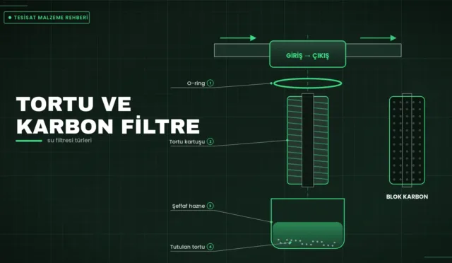 Filtre kafası, o-ring, tortu kartuşu, şeffaf hazne ve blok karbon kartuşun patlatılmış çizimi