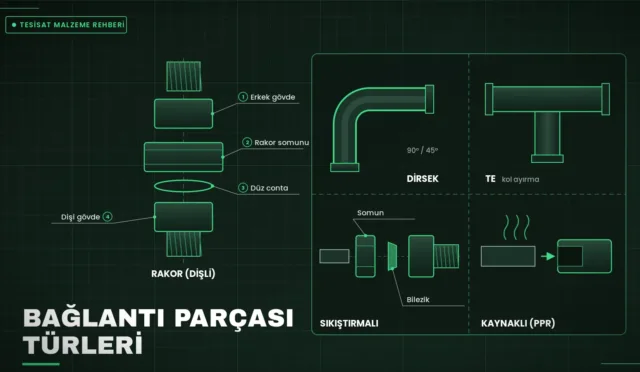 Rakor, dirsek, te, sıkıştırmalı ve kaynaklı bağlantı parçalarının teknik şeması