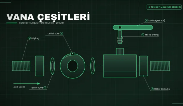 Küresel vananın küre, yuva, mil, kol ve rakor parçalarını gösteren patlatılmış teknik çizim